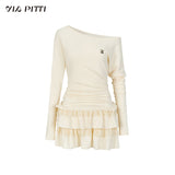 원숄더 레이스 티어드 미디 드레스