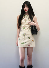Linen flower embroidered dress