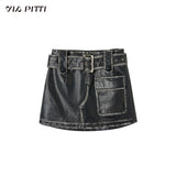 헤비 컬러 PU 가죽 재킷과 가죽 스커트 투피스 슈트