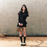 블랙 하이엔드 슈트 케이프 코트 플리츠 스커트 투피스 슈트