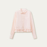 로맨틱 밑단 레이스 스몰 셔츠 여성용 루즈 디자인 셔츠 화이트/라이트 핑크