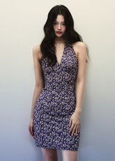 Dark purple beige floral dress