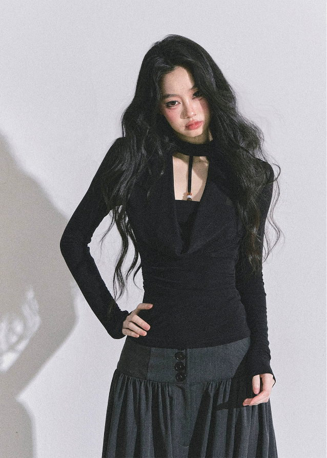 sexy drape top, fake two piece top, mesh layered top, baddie aesthetic top, pure desire outfit, korean fashion top, korean streetwear women, chic black top, white drape top, fall fashion women, trendy women's tops, clubwear top, elegant draped blouse, gothic chic top, long sleeve sexy top, cut out neckline top, Y2K baddie style, womens fall tops 2025, korean american fashion, off shoulder style top