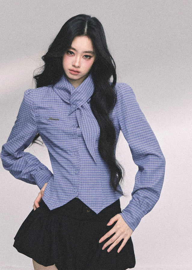 klein blue plaid shirt women, slim fit check blouse, american style plaid top, autumn blue long sleeve shirt, tailored crossover shirt women, fw25 check top, refined plaid blouse, slim plaid shirt, korean fitted check shirt