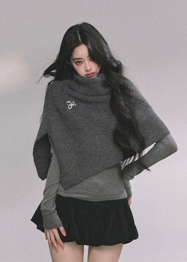 french knit shawl, turtleneck knit cape, women's autumn knit tops, fall winter knitted shawl, korean street style knit top, elegant french style sweater, draped knit poncho, cozy turtleneck wrap, chic knit cloak sweater, layered knit shawl for women, fall fashion tops women, kawaii korean knitwear, oversized knit wrap top, soft wool knit cape, trendy knitted fall tops