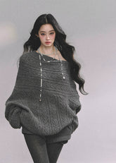 off shoulder sweater, oversized knit sweater, chunky knit top, fall winter knitwear, Korean fashion sweater, trendy off shoulder top, loose fit sweater women, cable knit pullover, Nordic style sweater, street style knit top, Korean American fashion, cozy winter sweater, wide neck sweater, casual oversized top, elegant french knitwear