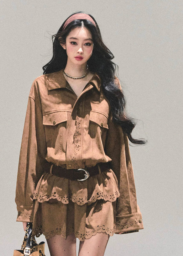 suede shirt dress women, faux two piece dress, brown cowhide dress, lace hem mini dress, autumn winter shirt dress, american suede style dress, browncore skirt dress, fw25 suede outfit, rustic suede mini dress, cutwork lace dress women