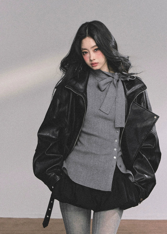 bow knit top, ribbon collar knit shirt, long sleeve knit cardigan women, french style knit top, korean bow sweater, slim fit winter knit top, elegant ribbon blouse, soft knit bow cardigan, layered knit top women, preppy bow collar top, winter knitted blouse, gray knit cardigan top