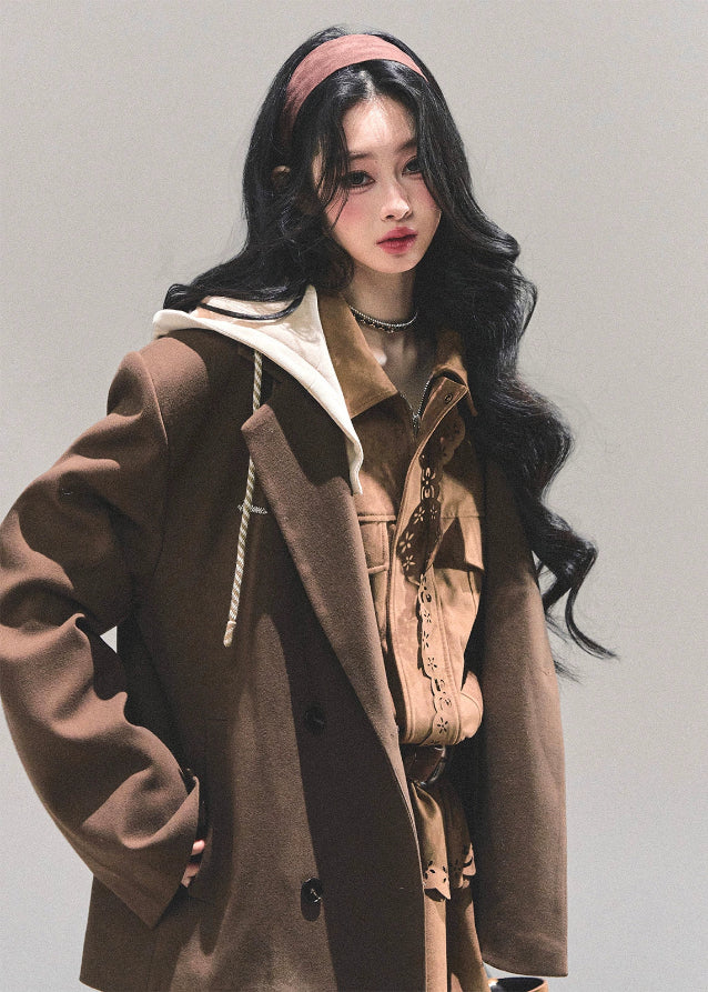 fake two piece blazer women, hooded preppy blazer, minimalist layered jacket, autumn winter preppy coat, oversized silhouette blazer, korean preppy fashion, hooded faux layer top, fw25 womens outerwear, casual campus blazer, layered street jacket