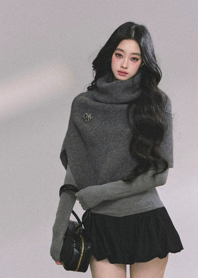 french knit shawl, turtleneck knit cape, women's autumn knit tops, fall winter knitted shawl, korean street style knit top, elegant french style sweater, draped knit poncho, cozy turtleneck wrap, chic knit cloak sweater, layered knit shawl for women, fall fashion tops women, kawaii korean knitwear, oversized knit wrap top, soft wool knit cape, trendy knitted fall tops