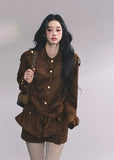 suede jacket set, suede two piece outfit, brown suede coat women, korean fashion suede set, fall winter suede suit, belted suede jacket, luxury suede co ord, trendy korean two piece outfit, soft suede autumn set, street style suede look, elegant suede jacket and shorts, boutique suede outfit women, suede utility jacket set, women's suede matching set
