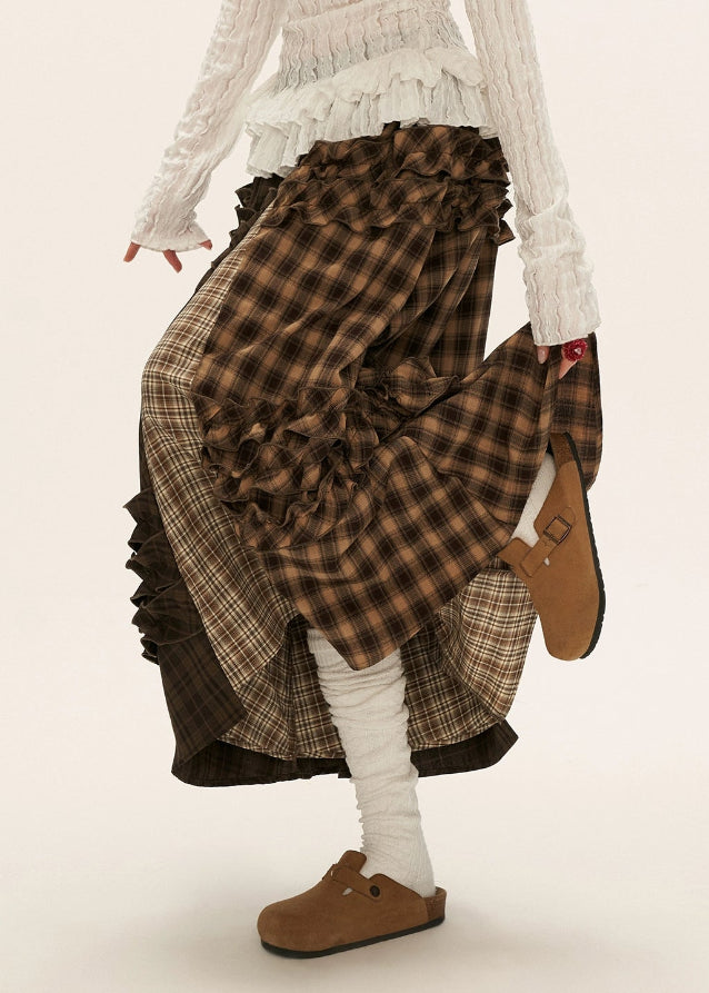 brown plaid skirt, layered midi skirt, patchwork check skirt, ruffle plaid skirt, autumn winter outfit women, mocha mid length skirt, fw25 collection, street boutique fashion, korean plaid fashion, tokyo style skirt