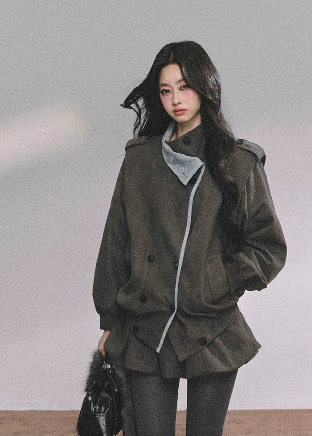 French wool suit set, women's blazer two-piece, autumn blazer outfit, luxury wool skirt set, Korean fashion suit set, bud skirt outfit, fall winter two-piece set, elegant French style outfit, Korean American street style set, women's oversized blazer, soft wool jacket outfit, urban chic women's set, K-fashion wool blazer, boutique women's suit set, trendy fall skirt set, winter fashion two-piece, high-end women's blazer set