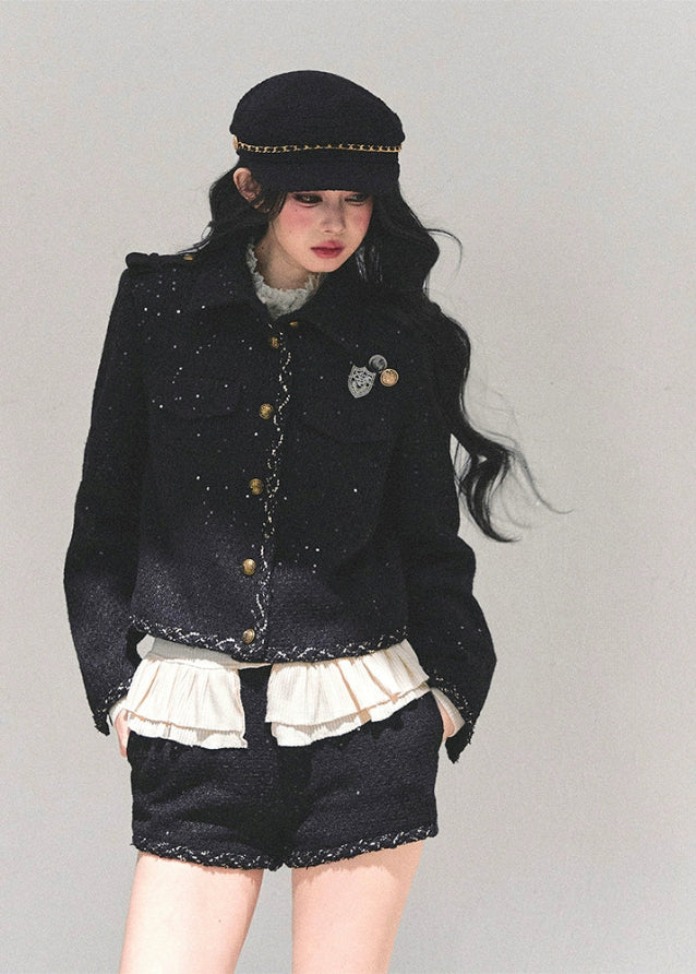 black tweed set women, winter three piece suit, rich daughter tweed outfit, noir tweed jacket and shorts, winter shorts set women, elegant tweed three piece, korean tweed fashion fw25, luxe black winter set, preppy tweed shorts suit