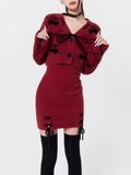 Wine Red Dress Dress Knitted Short Cardigan