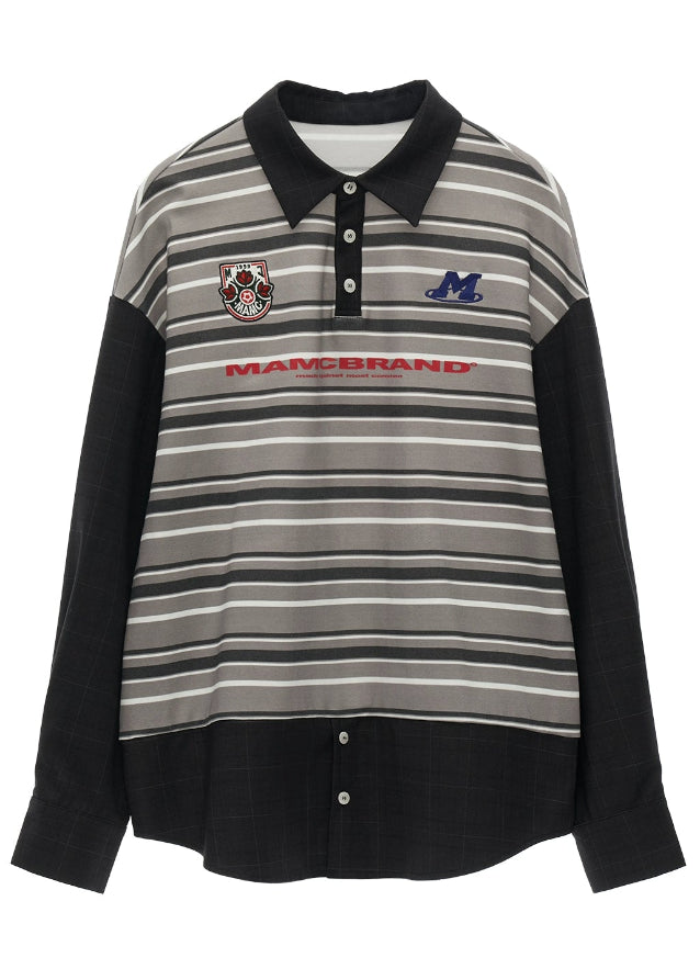 vintage patchwork striped polo, retro long sleeve polo women, loose fall lapel top 2025, striped patchwork shirt female, korean street polo top, casual retro long sleeve t shirt, autumn vintage stripe top women, relaxed fit polo shirt outfit, nowa tokyo street fashion