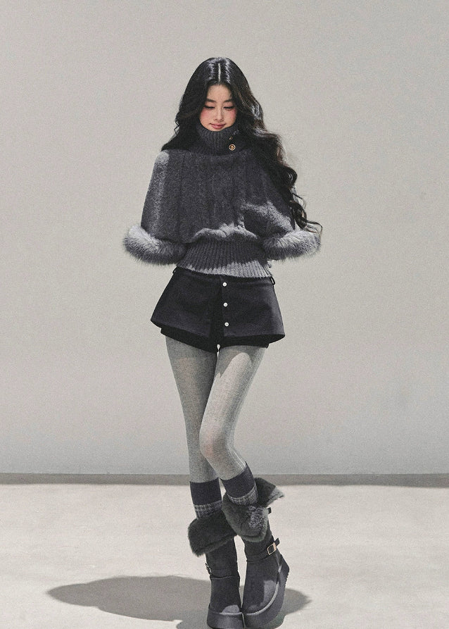 mohair turtleneck sweater women, grey twist knit top, korean autumn winter sweater, cable knit high neck top, soft mohair knitwear, plush sleeve sweater, fw25 korean fashion, warm winter knit top, elegant grey sweater women