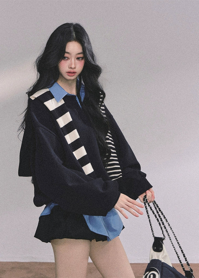 oversize sweatshirt women, layered polo sweatshirt, fake two piece top, Korean preppy style top, American college style pullover, fall winter oversized top, blue layered sweatshirt, preppy polo collar top, Korean fashion women tops, streetwear layered sweatshirt, oversized polo sweater, womens autumn casual tops