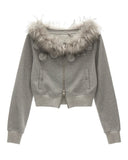 slanted shoulder fur collar jacket women, double zipper cropped jacket, detachable fur short coat, floral cropped winter jacket, fw2025 luxury streetwear women, asymmetric zip jacket fashion, korean high end cropped outerwear, elegant street fashion top women, nowa tokyo premium winter jacket