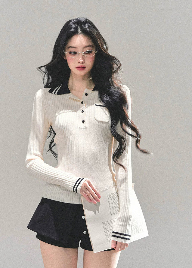polo knit top women, ribbed long sleeve polo, slim fit knitted t-shirt, autumn winter polo top, american style knit tee, contrast collar knit top, wendy letter knit, fw25 ribbed top, preppy polo shirt women, korean slim knitwear