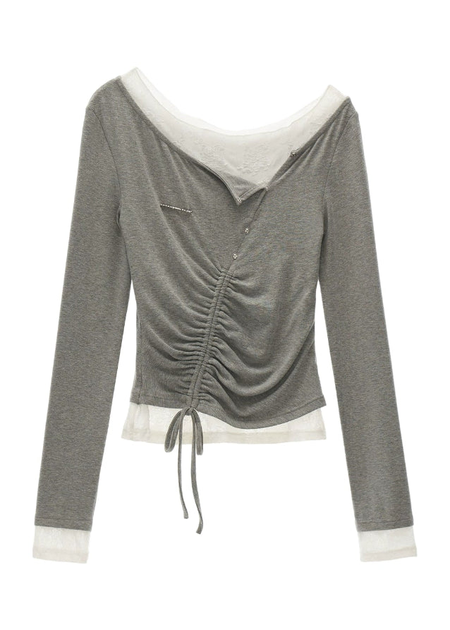 one shoulder lace top, lace shirring long sleeve shirt women, slim fit fall top 2025, asymmetric lace tee womens, street femme fashion top, korean slim inner top, fall layering shirt women, elegant lace one shoulder shirt, nowa tokyo womens fashion