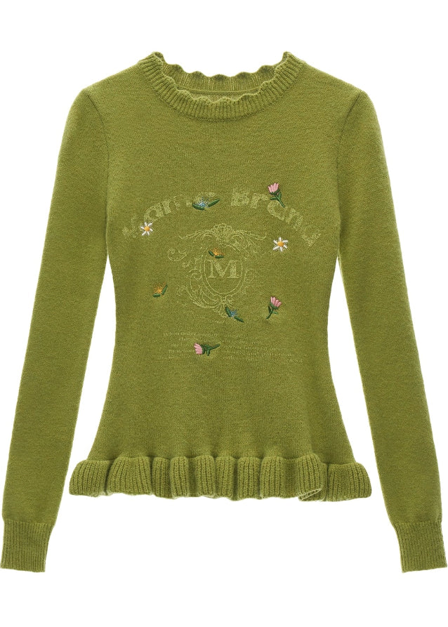 floral embroidered sweater women, slim knit crew neck top, fall 2025 knitwear women, embroidered flower pullover, soft street knit sweater, korean feminine knit top, long sleeve slim sweater women, romantic fall layering top, nowa tokyo cute knit style