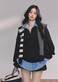 oversize sweatshirt women, layered polo sweatshirt, fake two piece top, Korean preppy style top, American college style pullover, fall winter oversized top, blue layered sweatshirt, preppy polo collar top, Korean fashion women tops, streetwear layered sweatshirt, oversized polo sweater, womens autumn casual tops
