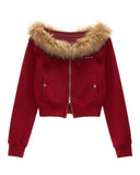 slanted shoulder fur collar jacket women, double zipper cropped jacket, detachable fur short coat, floral cropped winter jacket, fw2025 luxury streetwear women, asymmetric zip jacket fashion, korean high end cropped outerwear, elegant street fashion top women, nowa tokyo premium winter jacket