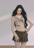 plaid bow knit top, fake two piece top women, preppy style knit shirt, french bow sweater, korean fashion knitwear, autumn slim knit top, check ribbon long sleeve, layered look knit top, cute bow top women, elegant knit blouse, fall winter knit top