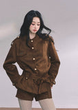 suede jacket set, suede two piece outfit, brown suede coat women, korean fashion suede set, fall winter suede suit, belted suede jacket, luxury suede co ord, trendy korean two piece outfit, soft suede autumn set, street style suede look, elegant suede jacket and shorts, boutique suede outfit women, suede utility jacket set, women's suede matching set
