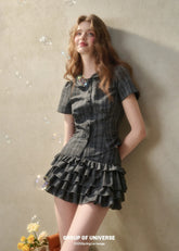 Green Check Doll Collar Shirt & Puff Skirt Set