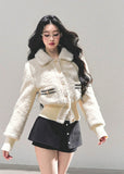 korean plush jacket women, cream wool padded coat, thickened winter jacket, skinny fit winter top, ivory fluffy jacket, warm padded sweater coat, fw25 korean fashion, soft plush winter coat, wool blend padded top, winter korean outerwear
