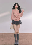 off shoulder knit sweater women, soft knit pullover, pastel slanted shoulder top, autumn oversize knit, gentle style sweater, korean soft knit top, blush knit sweater, fw25 knitwear