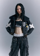 스트리트 펑크 프린트 후드 스웨터 긴팔 짧은 재킷