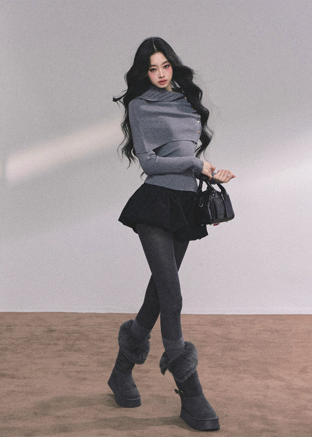 layered knit top, shawl knit two piece, Korean fashion top, Korean girl style knit, fall knit top women, winter knit set, off shoulder shawl knit, elegant Korean sweater, slim fit knit top, two piece knit outfit, gray knit long sleeve, black knit long sleeve, trendy Korean sweater, Seoul street style knit, aesthetic knitwear women, Nowa Tokyo knit top, boutique knit style, Korean American fashion top