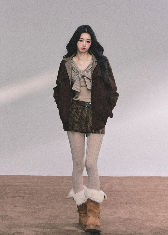 plaid bow knit top, fake two piece top women, preppy style knit shirt, french bow sweater, korean fashion knitwear, autumn slim knit top, check ribbon long sleeve, layered look knit top, cute bow top women, elegant knit blouse, fall winter knit top