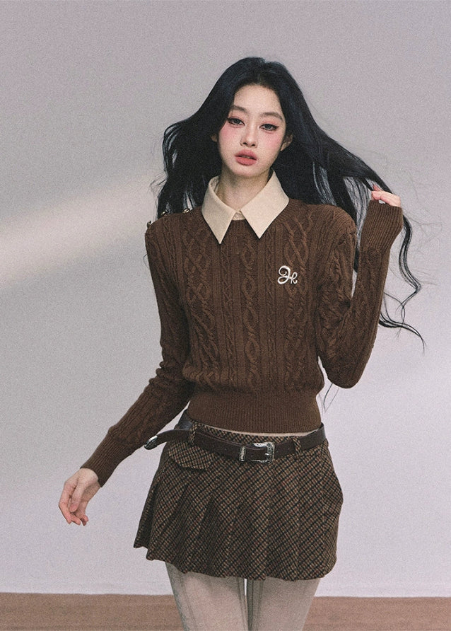 polo knit sweater, faux two piece sweater, cable knit top, slim fit knitwear, Korean style knit top, preppy polo sweater, fall winter knit sweater, layered look sweater, aesthetic knit top, casual polo knit, street style knitwear, French chic knit top, soft knit long sleeve, womens slim sweater, college style knitwear