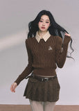 polo knit sweater, faux two piece sweater, cable knit top, slim fit knitwear, Korean style knit top, preppy polo sweater, fall winter knit sweater, layered look sweater, aesthetic knit top, casual polo knit, street style knitwear, French chic knit top, soft knit long sleeve, womens slim sweater, college style knitwear