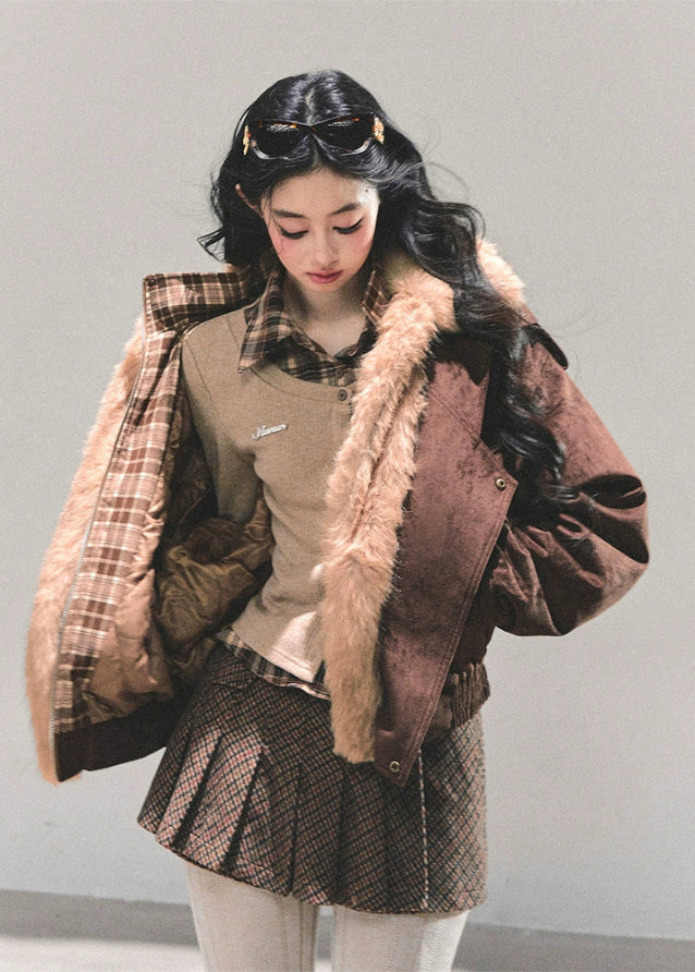brown padded jacket women, faux two piece jacket, plaid layered coat, thickened winter jacket, american style cotton coat, fur trim autumn jacket, warm winter outerwear women, padded plaid jacket, korean vintage winter coat, fw25 fashion