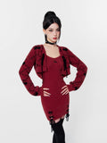 Wine Red Dress Dress Knitted Short Cardigan