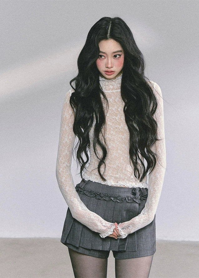 lace high neck top, sheer lace turtleneck, ballet core lace shirt, Korean lace slim top, transparent mesh long sleeve, floral lace blouse women, autumn lace base layer, elegant French lace top, sexy lace see-through shirt, ballet style long sleeve, Korean American fashion top, slim fit lace tee, feminine lace layering top, boutique lace turtleneck