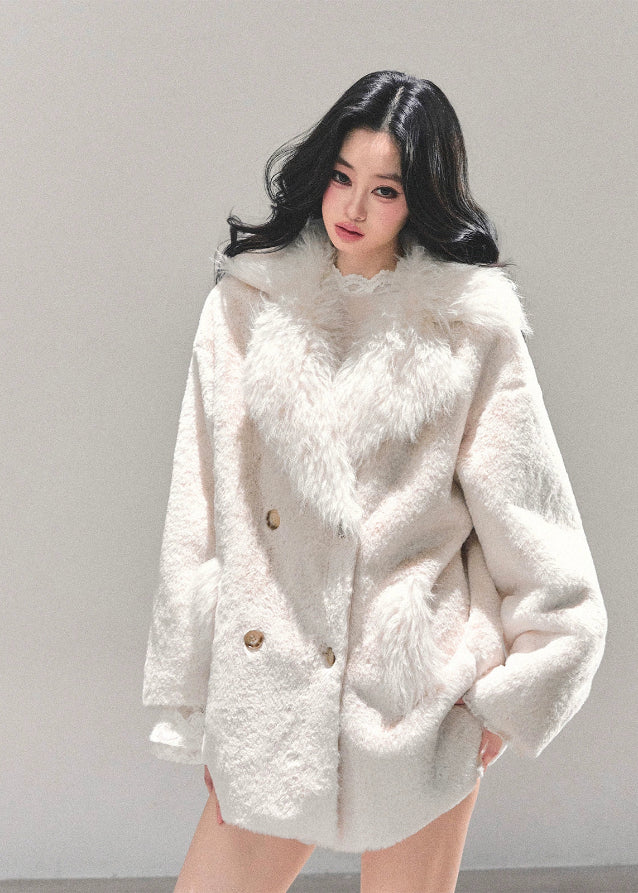 ivory fur coat women, plush winter coat, one piece fur coat, warm fluffy coat, soft girl winter jacket, faux fur dress coat, fw25 plush outerwear, korean winter fashion coat, white fuzzy coat women, elegant winter coat