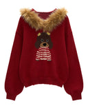 cute dog sweater, fur collar hoodie, winter knit jacket, women loose design top, fluffy hooded sweater, casual street fashion, fw25 collection, cozy fur knit, korean streetwear, tokyo winter outfit