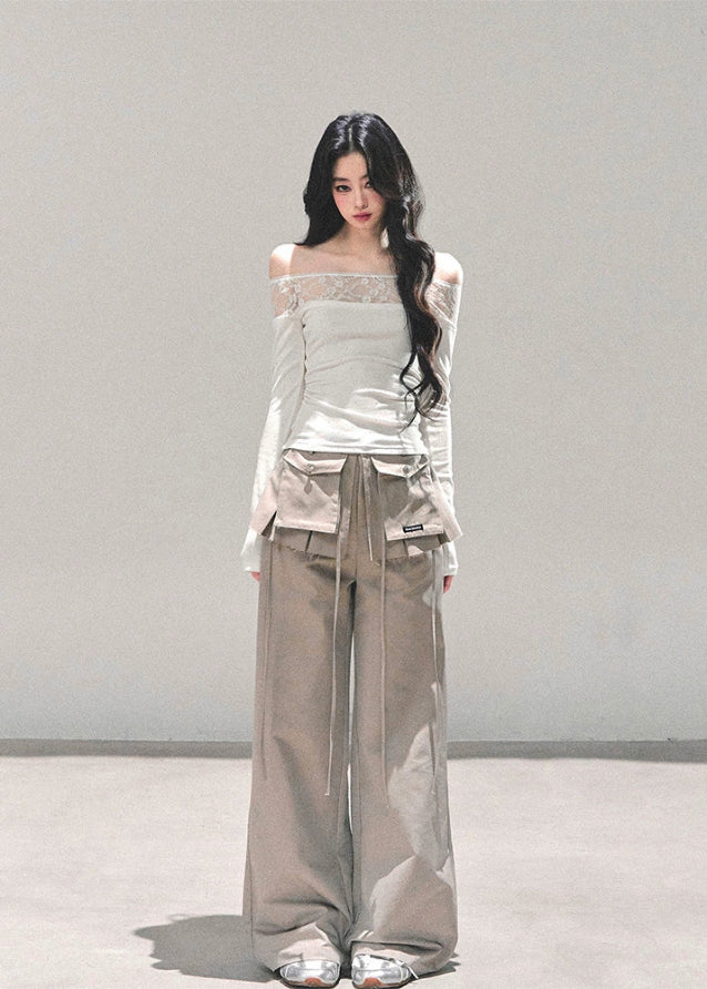 off shoulder lace top women, polka dot mesh shirt, autumn winter lace blouse, sheer neckline long sleeve top, korean off shoulder lace tee, hot girl winter top, fw25 lace mesh shirt, black white lace top women, elegant off shoulder blouse