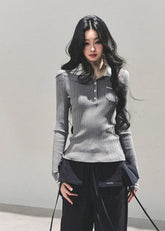 polo knit top women, ribbed long sleeve polo, slim fit knitted t-shirt, autumn winter polo top, american style knit tee, contrast collar knit top, wendy letter knit, fw25 ribbed top, preppy polo shirt women, korean slim knitwear