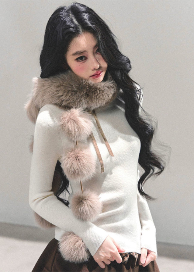 faux fox fur scarf women, pom pom fur collar, winter warm fluffy scarf, french style fur scarf, cold proof plush neck warmer, imitation fox scarf women, fw25 winter accessories, soft girl fur wrap, warm faux fur collar