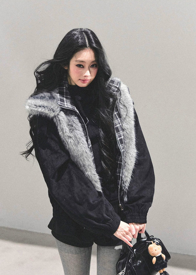 brown padded jacket women, faux two piece jacket, plaid layered coat, thickened winter jacket, american style cotton coat, fur trim autumn jacket, warm winter outerwear women, padded plaid jacket, korean vintage winter coat, fw25 fashion