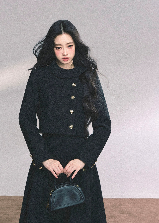 french two piece set women, miu style jacket set, noble lady outfit, autumn winter elegant set, kyoto rich daughter set, fw25 luxury two piece, black maxi skirt set, french cropped jacket outfit, elegant winter ensemble