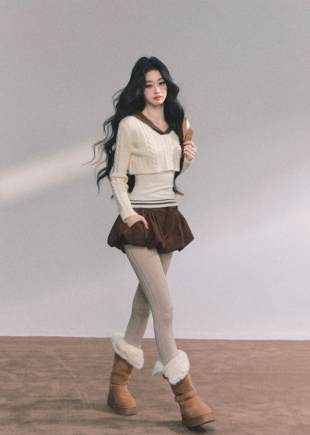 knitted sweater set, layered knit top, two-piece knit set, navy collar sweater, Korean fashion sweater, fall winter knit top, layered college style top, trendy knit outfit, Korean-American streetwear, women’s autumn knit set, chic layered sweater, cute fall outfit, preppy knit ensemble, elegant French knitwear, soft knitted long sleeve top