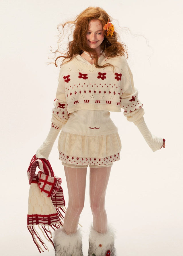 star flower knit sweater, jacquard crop sweater women, cute crew neck knit top, fall winter 2025 knitwear women, lazy style cropped sweater, korean cute knit fashion, loose jacquard sweater outfit, cozy streetwear sweater women, nowa tokyo soft street style